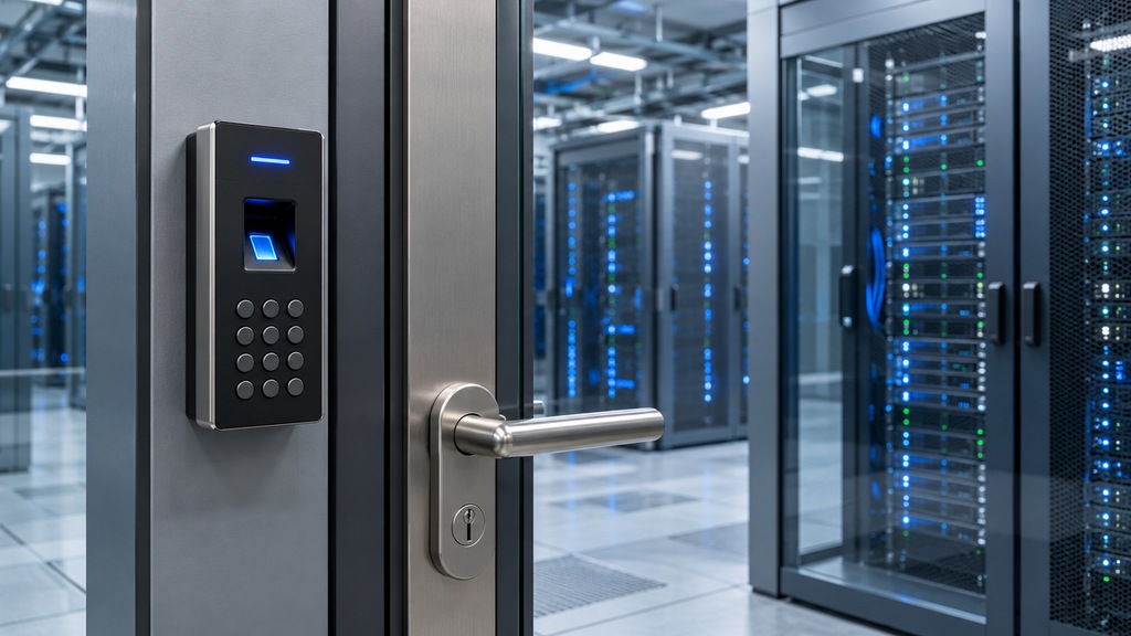 Illustration of biometric access control at a server room door