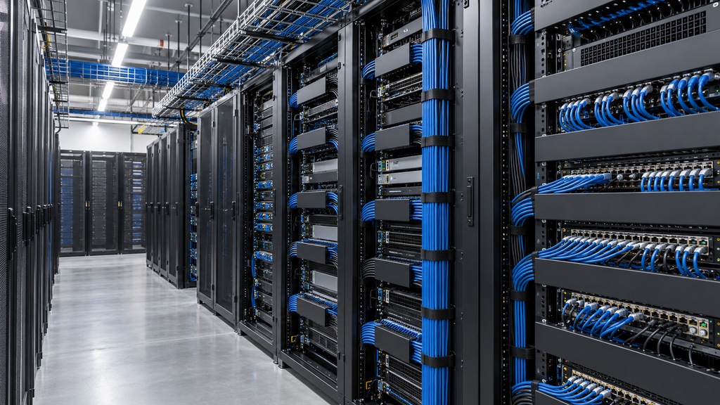 Illustration of organised network cabling in server racks