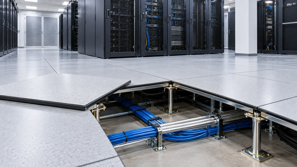 Illustration of raised access flooring with underfloor service routes