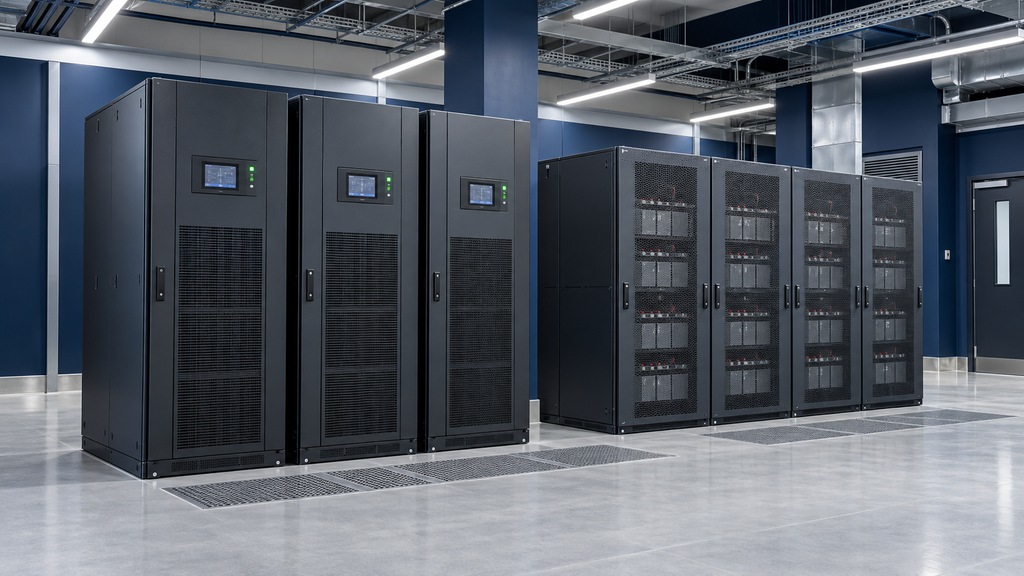 Illustration of UPS and battery cabinets in a power room